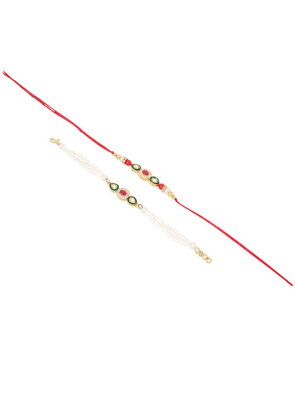 NVR Set of 2 Multicolor Oval Shape Kundan Studded & Beads Bhaiya Bhabhi Rakhi Combo