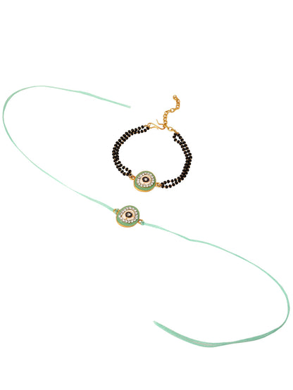 NVR Set of 2 Green Round Shape Artificial Stones Bhaiya Bhabhi Rakhi with Roli Chawal Chandan & Mishri