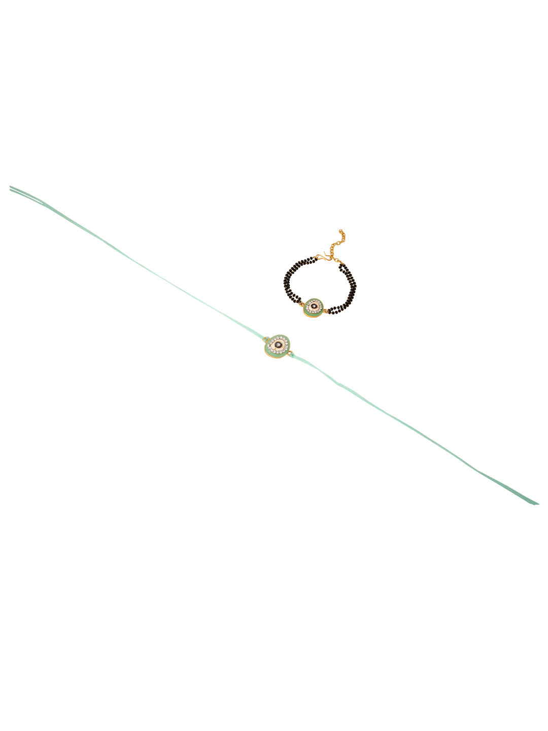 NVR Set of 2 Green Round Shape Artificial Stones Bhaiya Bhabhi Rakhi with Roli Chawal Chandan & Mishri