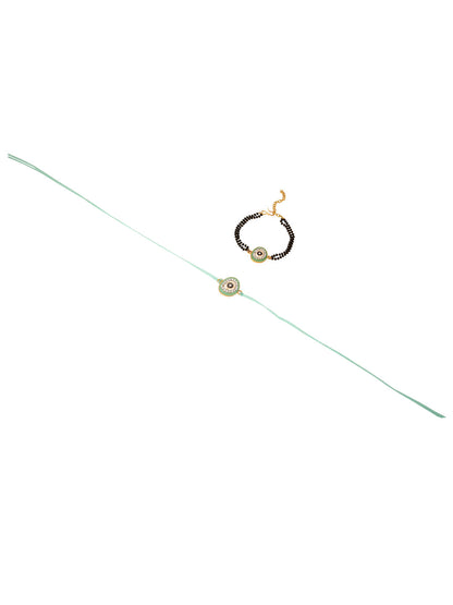 NVR Set of 2 Green Round Shape Artificial Stones Bhaiya Bhabhi Rakhi with Roli Chawal Chandan & Mishri