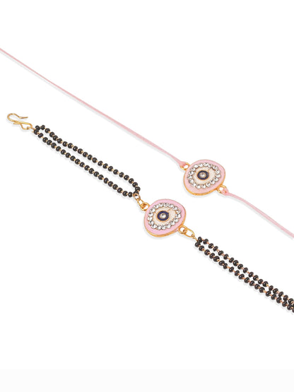 NVR Set of 2 Pink Round Shape Artificial Stones Bhaiya Bhabhi Rakhi Combo