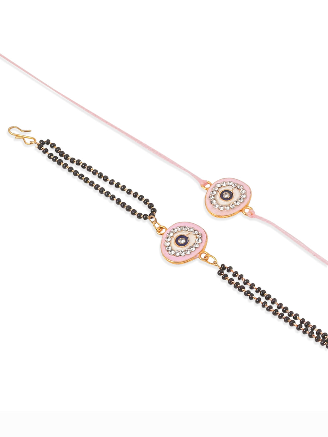 NVR Set of 2 Pink Round Shape Artificial Stones Bhaiya Bhabhi Rakhi with Roli Chawal Chandan & Mishri