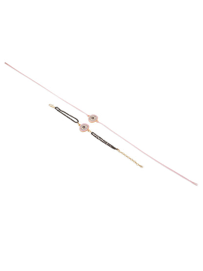 NVR Set of 2 Pink Round Shape Artificial Stones Bhaiya Bhabhi Rakhi with Roli Chawal Chandan & Mishri