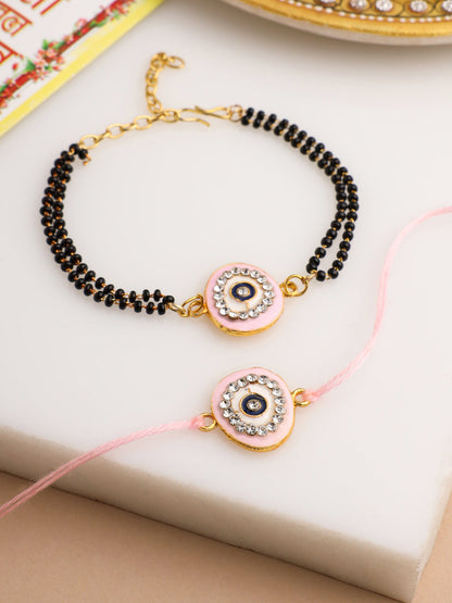 NVR Set of 2 Pink Round Shape Artificial Stones Bhaiya Bhabhi Rakhi with Roli Chawal Chandan & Mishri