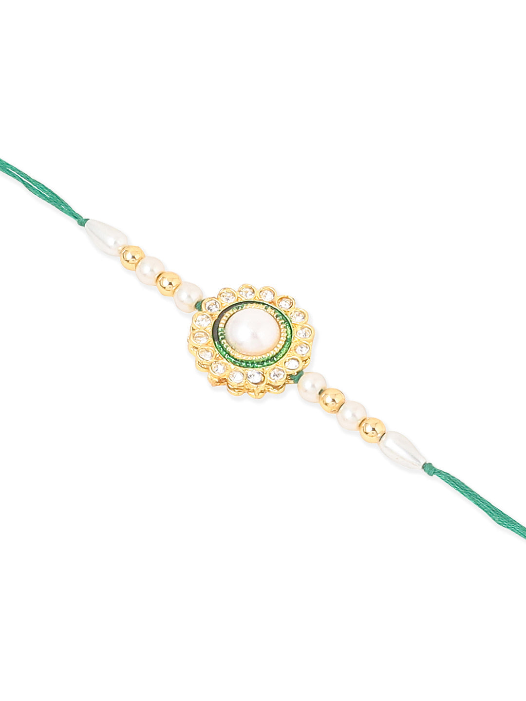 NVR Set of 2 White & Green Stone Studded Handcrafted Bhaiya Bhabhi Thread Rakhi Combo