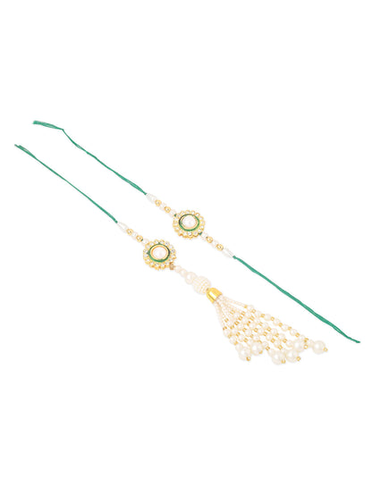 NVR Set of 2 White & Green Stone Studded Handcrafted Bhaiya Bhabhi Thread Rakhi Combo