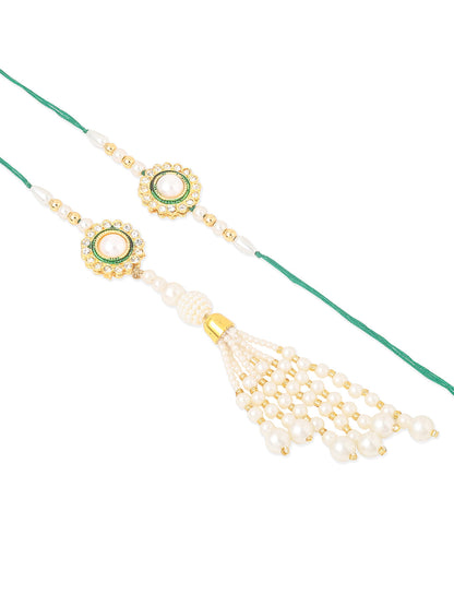 NVR Set of 2 White & Green Stone Studded Handcrafted Bhaiya Bhabhi Thread Rakhi with Roli Chawal Chandan & Mishri