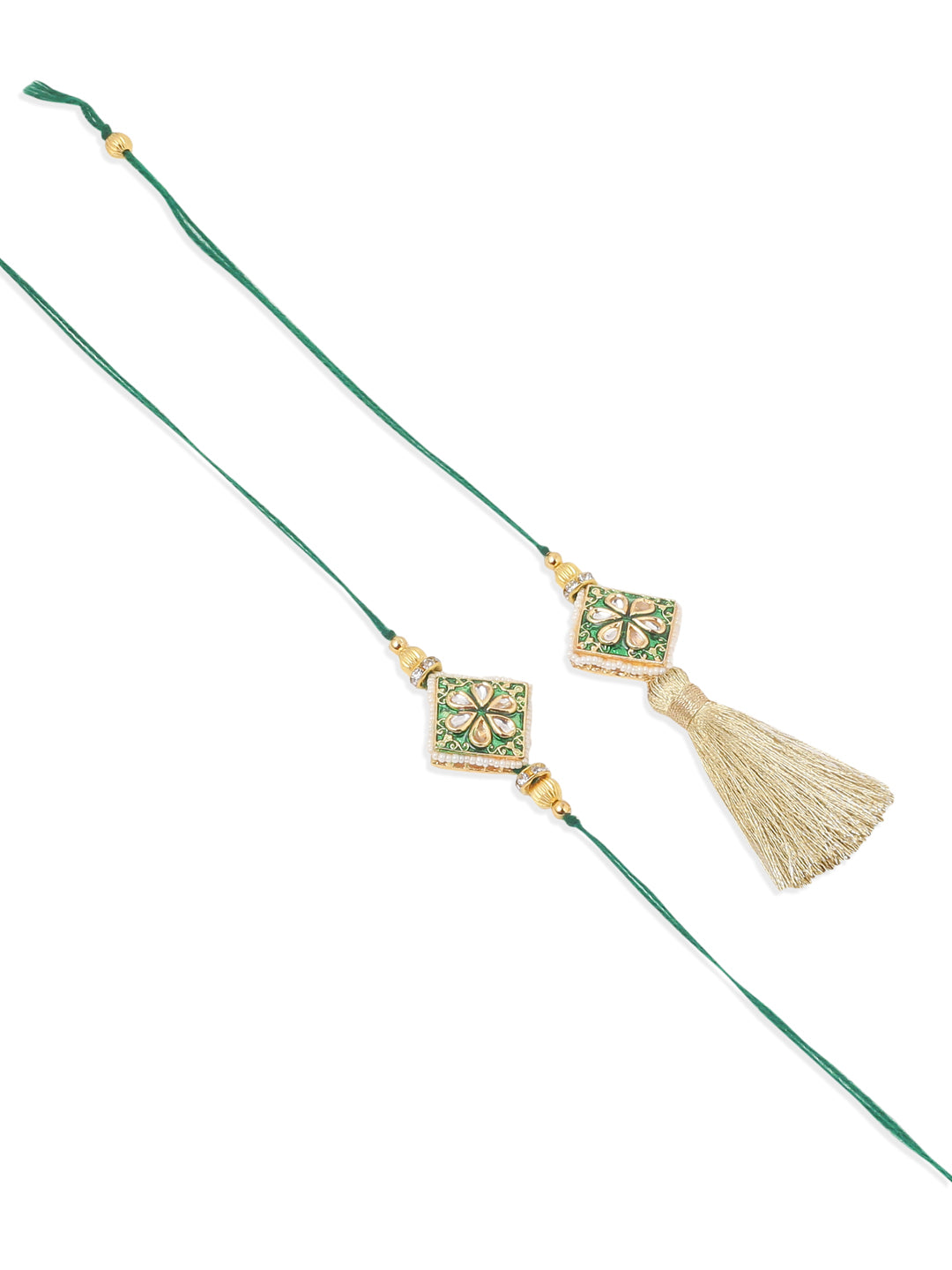 NVR Set of 2 Handmade Green Kundan Studded Bhaiya Bhabhi Rakhi Set, Combo for Rakshabandhan