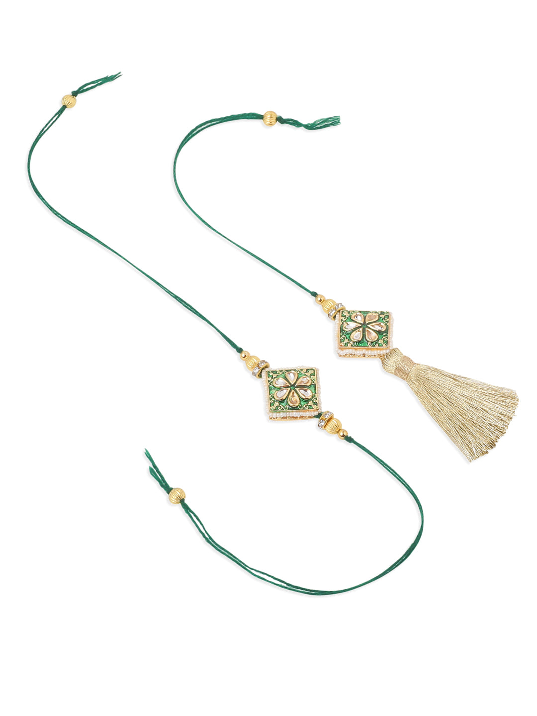 NVR Set of 2 Handmade Green Kundan Studded Bhaiya Bhabhi Rakhi Set, Combo for Rakshabandhan