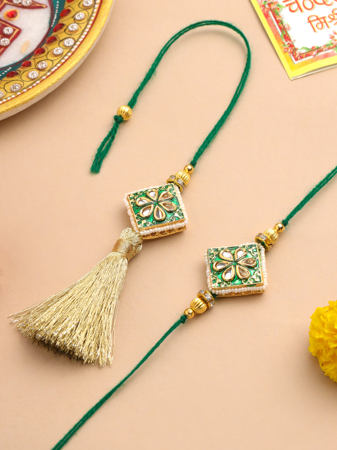 NVR Set of 2 Handmade Green Kundan Studded Bhaiya Bhabhi Rakhi Set with Roli Chawal Chandan & Mishri