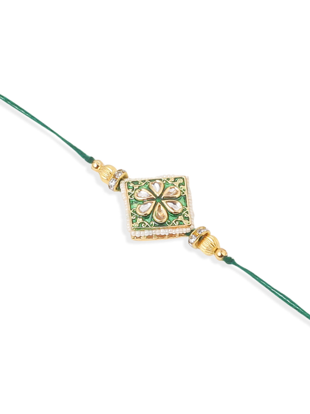 NVR Set of 2 Handmade Green Kundan Studded Bhaiya Bhabhi Rakhi Set with Roli Chawal Chandan & Mishri