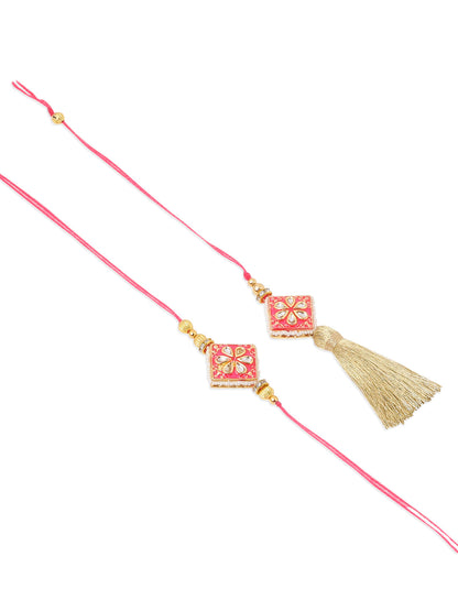 NVR Set of 2 Handmade Pink Kundan Studded Bhaiya Bhabhi Rakhi Set with Roli Chawal Chandan & Mishri