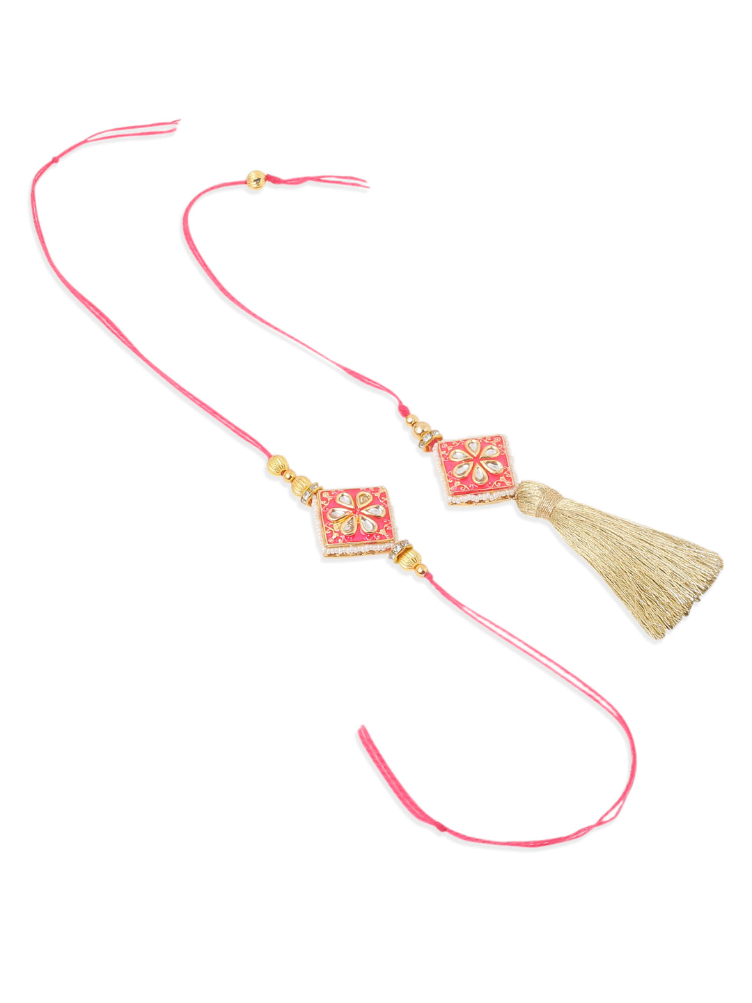 NVR Set of 2 Handmade Pink Kundan Studded Bhaiya Bhabhi Rakhi Set with Roli Chawal Chandan & Mishri