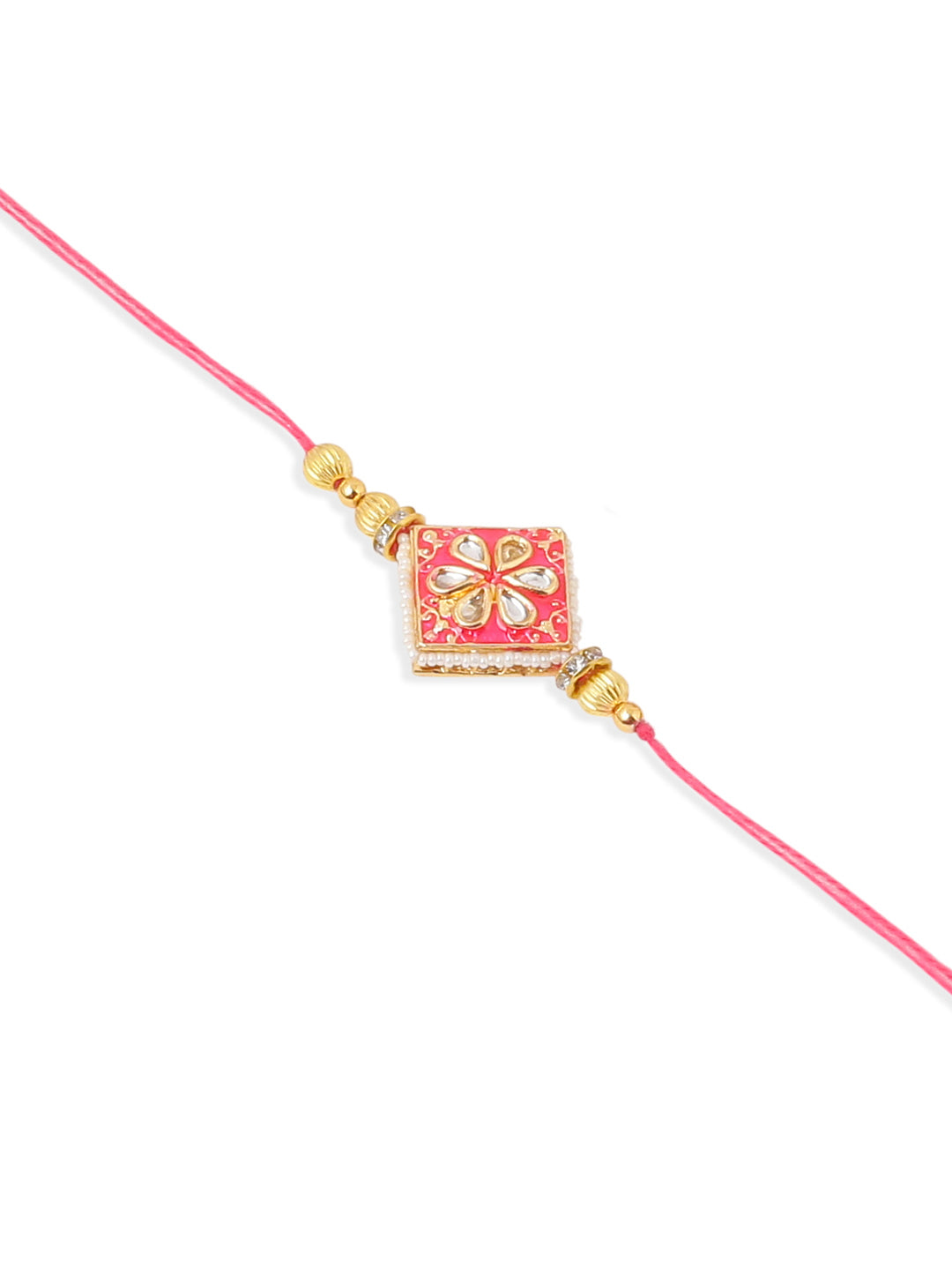 NVR Set of 2 Handmade Pink Kundan Studded Bhaiya Bhabhi Rakhi Set with Roli Chawal Chandan & Mishri