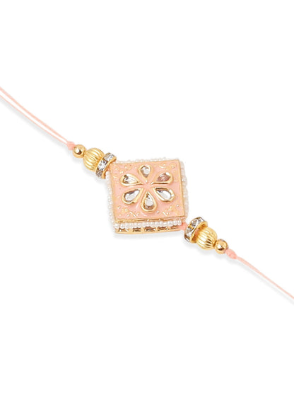 NVR Set of 2 Handmade Peach Kundan Studded Bhaiya Bhabhi Rakhi Set, Combo for Rakshabandhan