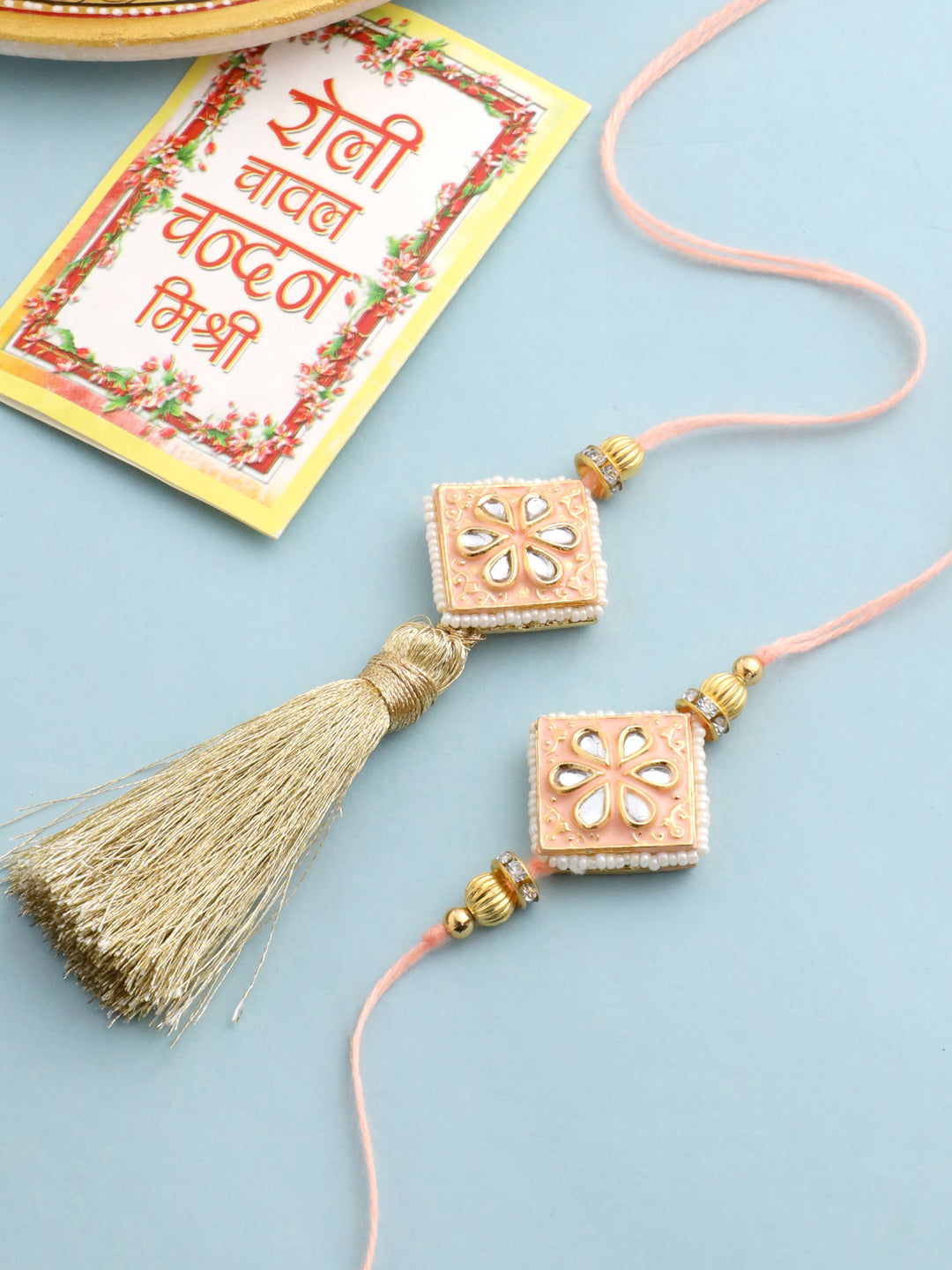 NVR Set of 2 Handmade Peach Kundan Studded Bhaiya Bhabhi Rakhi Set with Roli Chawal Chandan & Mishri
