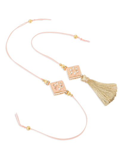NVR Set of 2 Handmade Peach Kundan Studded Bhaiya Bhabhi Rakhi Set with Roli Chawal Chandan & Mishri