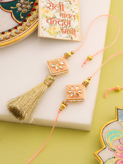 NVR Set of 2 Handmade Peach Kundan Studded Bhaiya Bhabhi Rakhi Set with Roli Chawal Chandan & Mishri