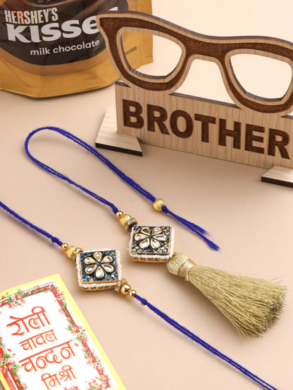 NVR Set of 2 Handmade Blue Kundan Studded Bhaiya Bhabhi Rakhi Set, Combo for Rakshabandhan