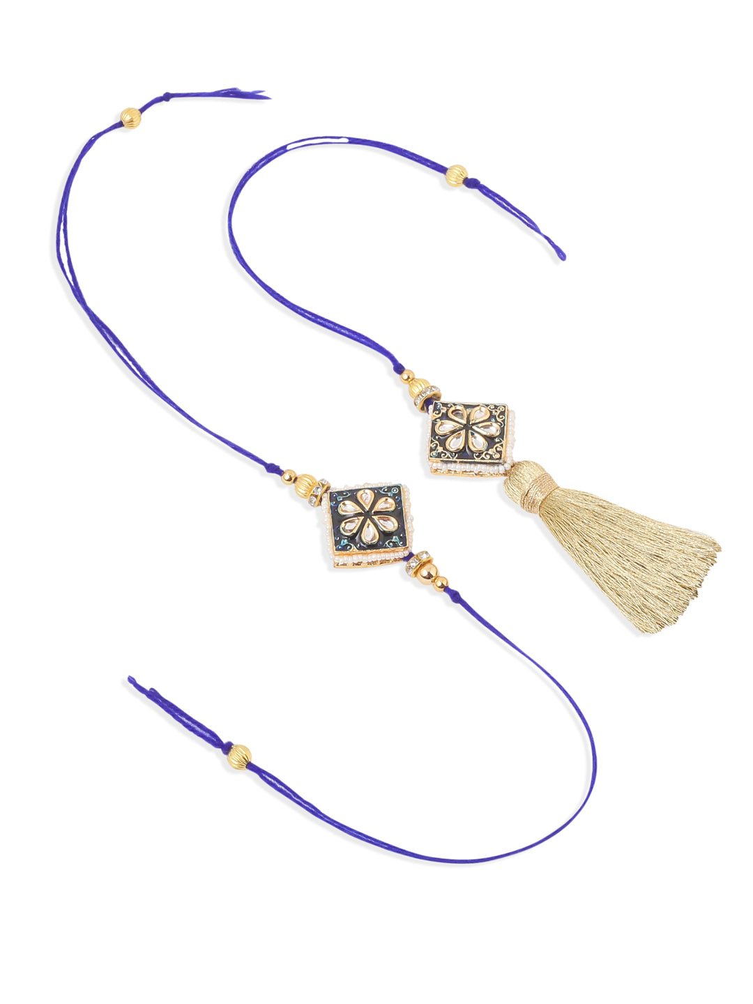 NVR Set of 2 Handmade Blue Kundan Studded Bhaiya Bhabhi Rakhi Set, Combo for Rakshabandhan