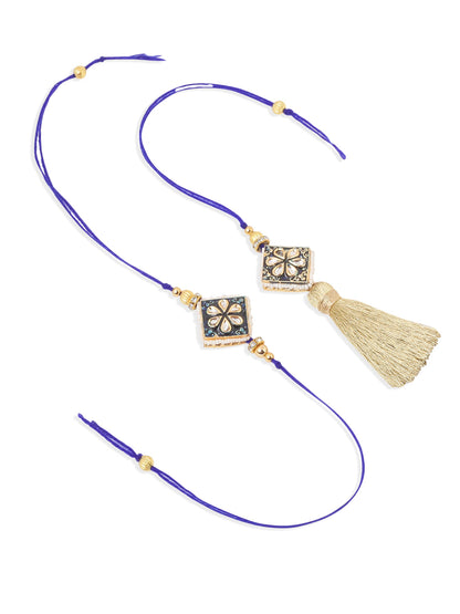 NVR Set of 2 Handmade Blue Kundan Studded Bhaiya Bhabhi Rakhi Set, Combo for Rakshabandhan