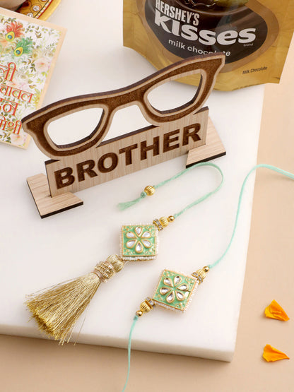 NVR Set of 2 Handmade Sea Green Kundan Studded Bhaiya Bhabhi Rakhi Combo