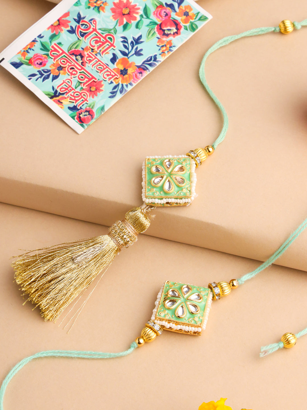NVR Set of 2 Handmade Sea Green Kundan Studded Bhaiya Bhabhi Rakhi Set with Roli Chawal Chandan & Mishri