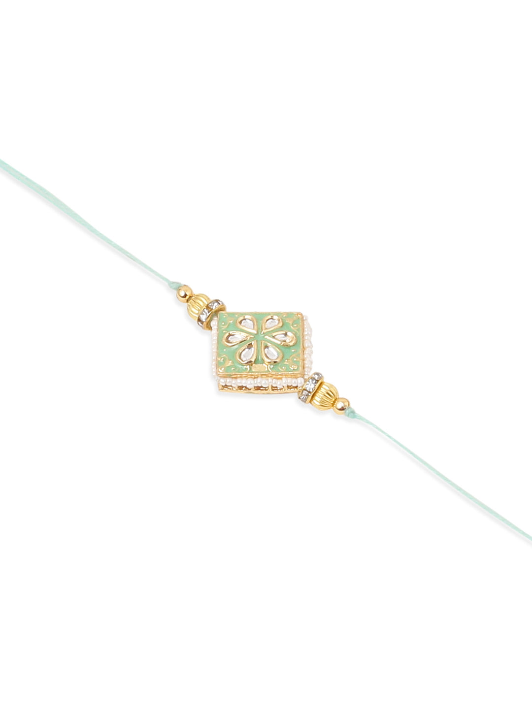 NVR Set of 2 Handmade Sea Green Kundan Studded Bhaiya Bhabhi Rakhi Set with Roli Chawal Chandan & Mishri