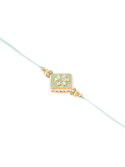NVR Set of 2 Handmade Sea Green Kundan Studded Bhaiya Bhabhi Rakhi Set with Roli Chawal Chandan & Mishri