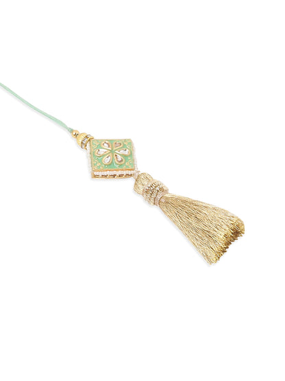 NVR Set of 2 Handmade Sea Green Kundan Studded Bhaiya Bhabhi Rakhi Set with Roli Chawal Chandan & Mishri