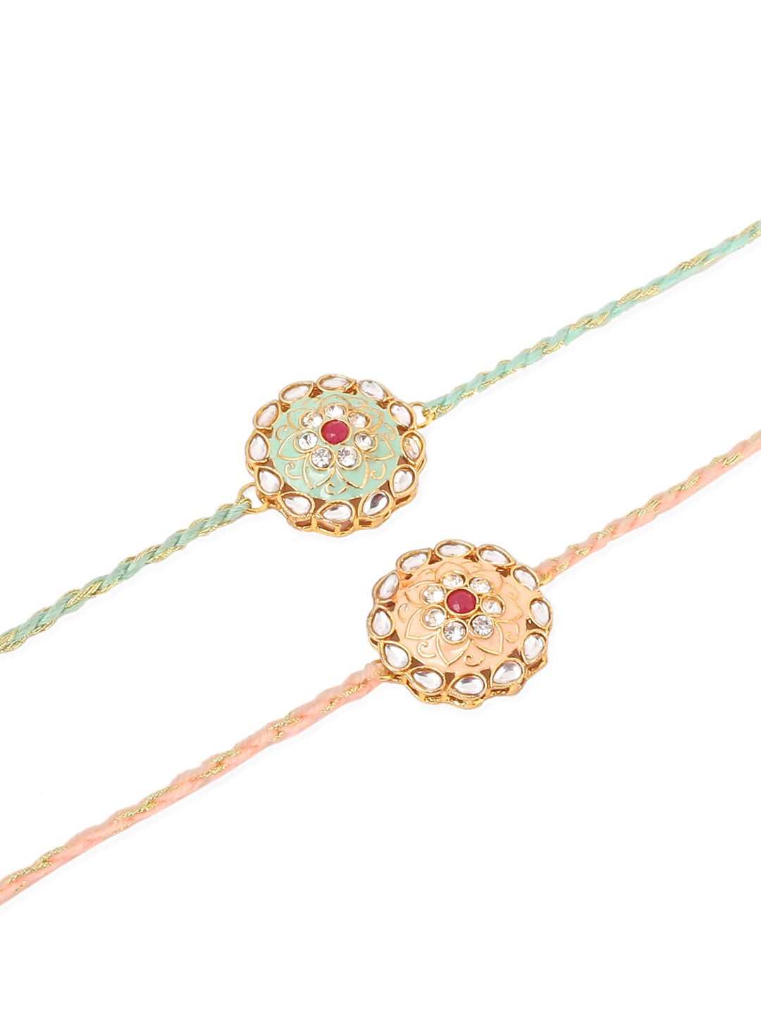 NVR Men Set of 2 Peach & Green Kundan Studded Round Floral Design Rakhi Combo