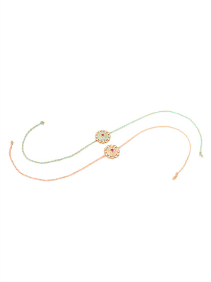 NVR Men Set of 2 Peach & Green Kundan Studded Round Floral Design Rakhi Combo