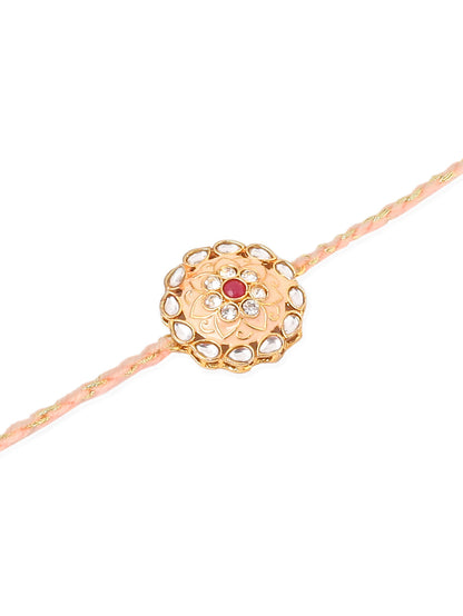 NVR Men Set of 2 Peach & Green Kundan Studded Round Floral Design Rakhi Combo
