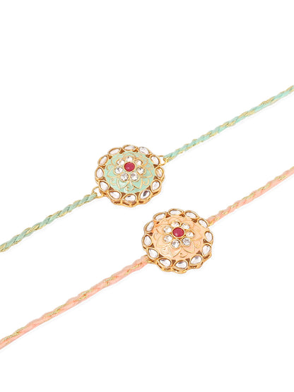 NVR Men Set of 2 Peach & Green Kundan Studded Round Floral Design Rakhi with Roli Chawal Chandan & Mishri