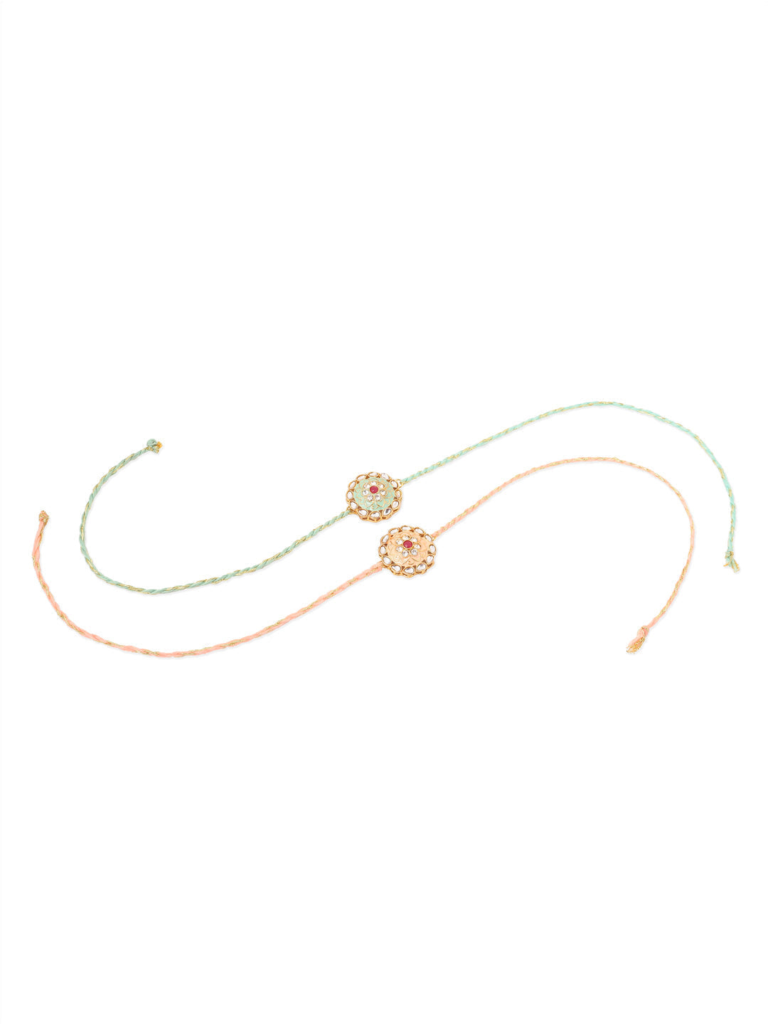 NVR Men Set of 2 Peach & Green Kundan Studded Round Floral Design Rakhi with Roli Chawal Chandan & Mishri