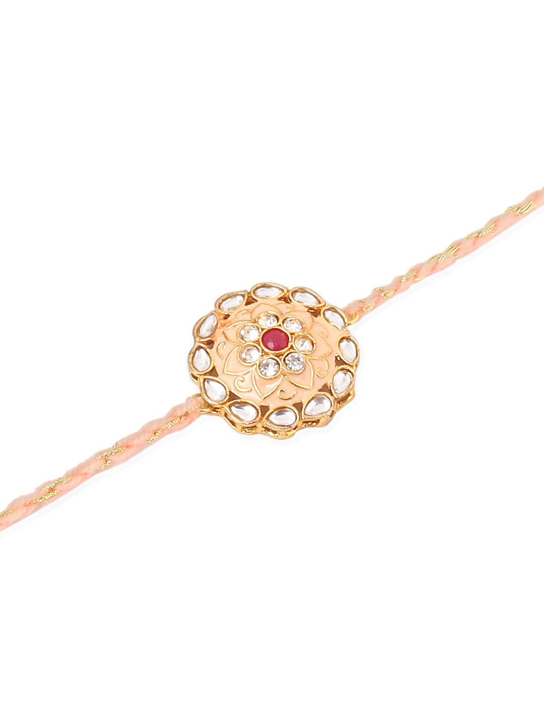 NVR Men Set of 2 Peach & Green Kundan Studded Round Floral Design Rakhi with Roli Chawal Chandan & Mishri