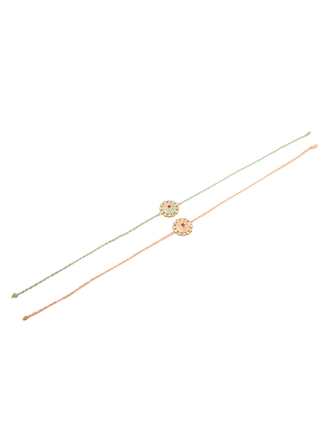 NVR Men Set of 2 Peach & Green Kundan Studded Round Floral Design Rakhi with Roli Chawal Chandan & Mishri