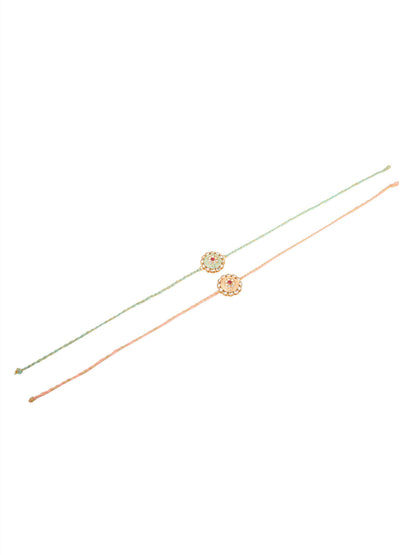 NVR Men Set of 2 Peach & Green Kundan Studded Round Floral Design Rakhi with Roli Chawal Chandan & Mishri
