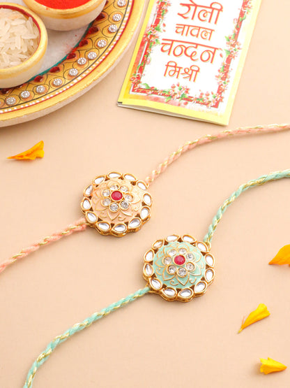 NVR Men Set of 2 Peach & Green Kundan Studded Round Floral Design Rakhi with Roli Chawal Chandan & Mishri