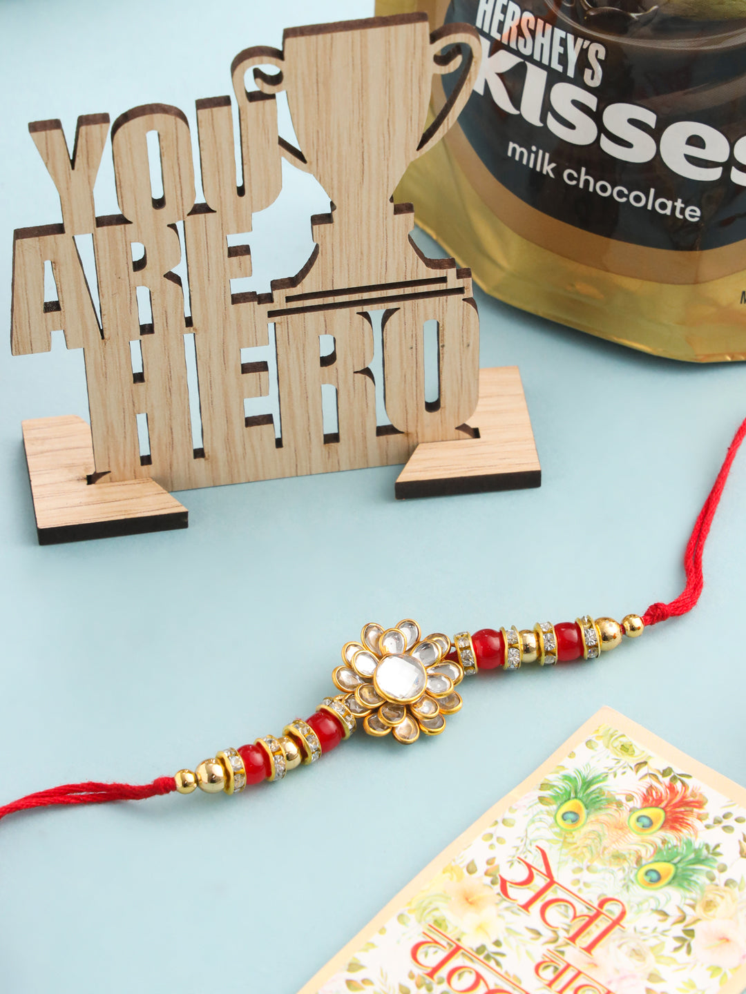 NVR Men's Red Kundan Studded Floral Design Thread Rakhi, Combo for Rakshabandhan