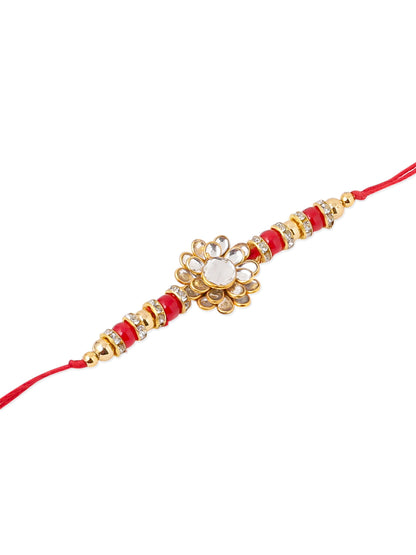 NVR Men's Red Kundan Studded Floral Design Thread Rakhi, Combo for Rakshabandhan