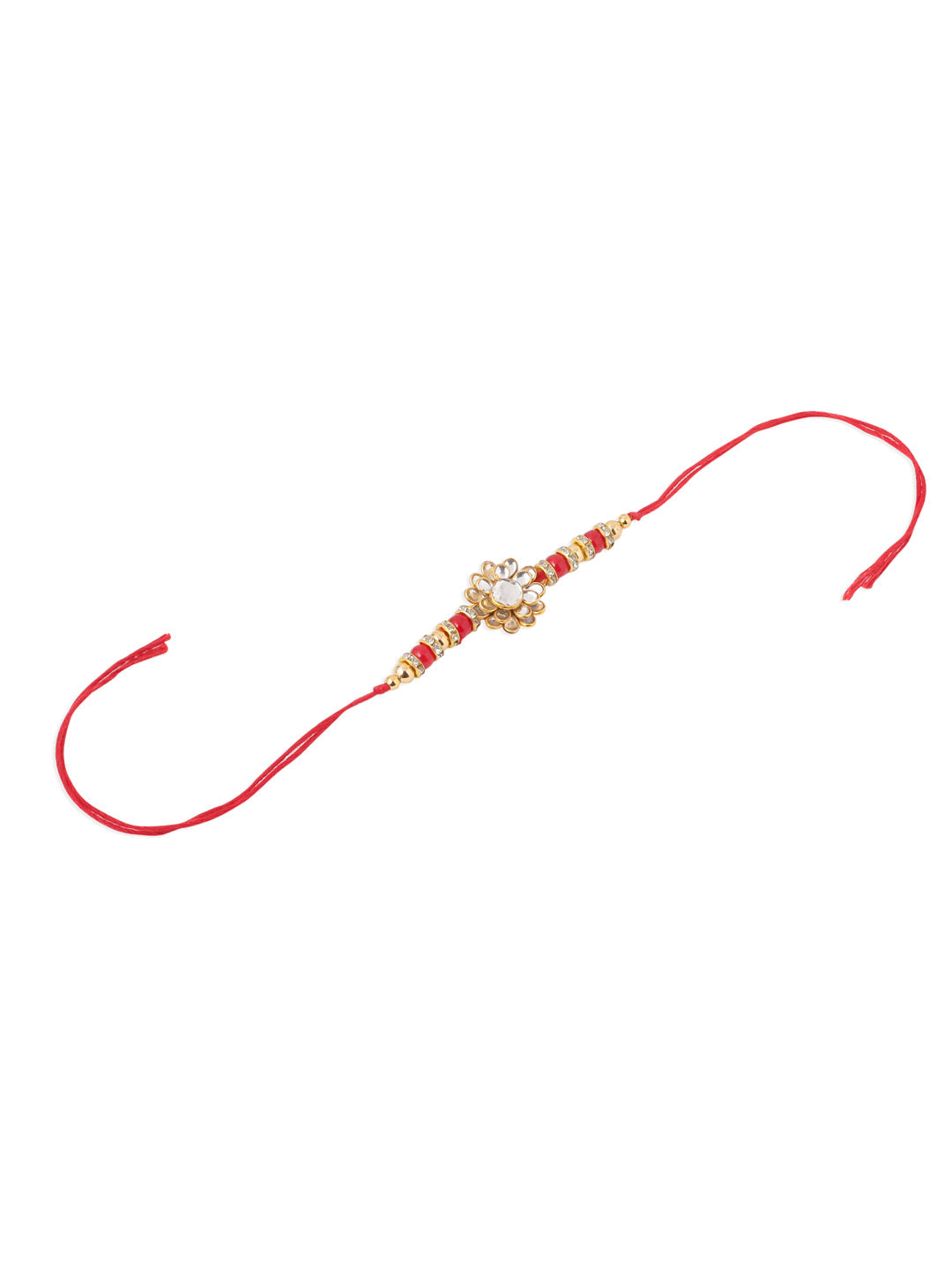 NVR Men's Red Kundan Studded Floral Design Thread Rakhi, Combo for Rakshabandhan