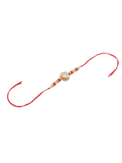 NVR Men Red Kundan Studded Floral Design Thread Rakhi with Roli Chawal Chandan & Mishri