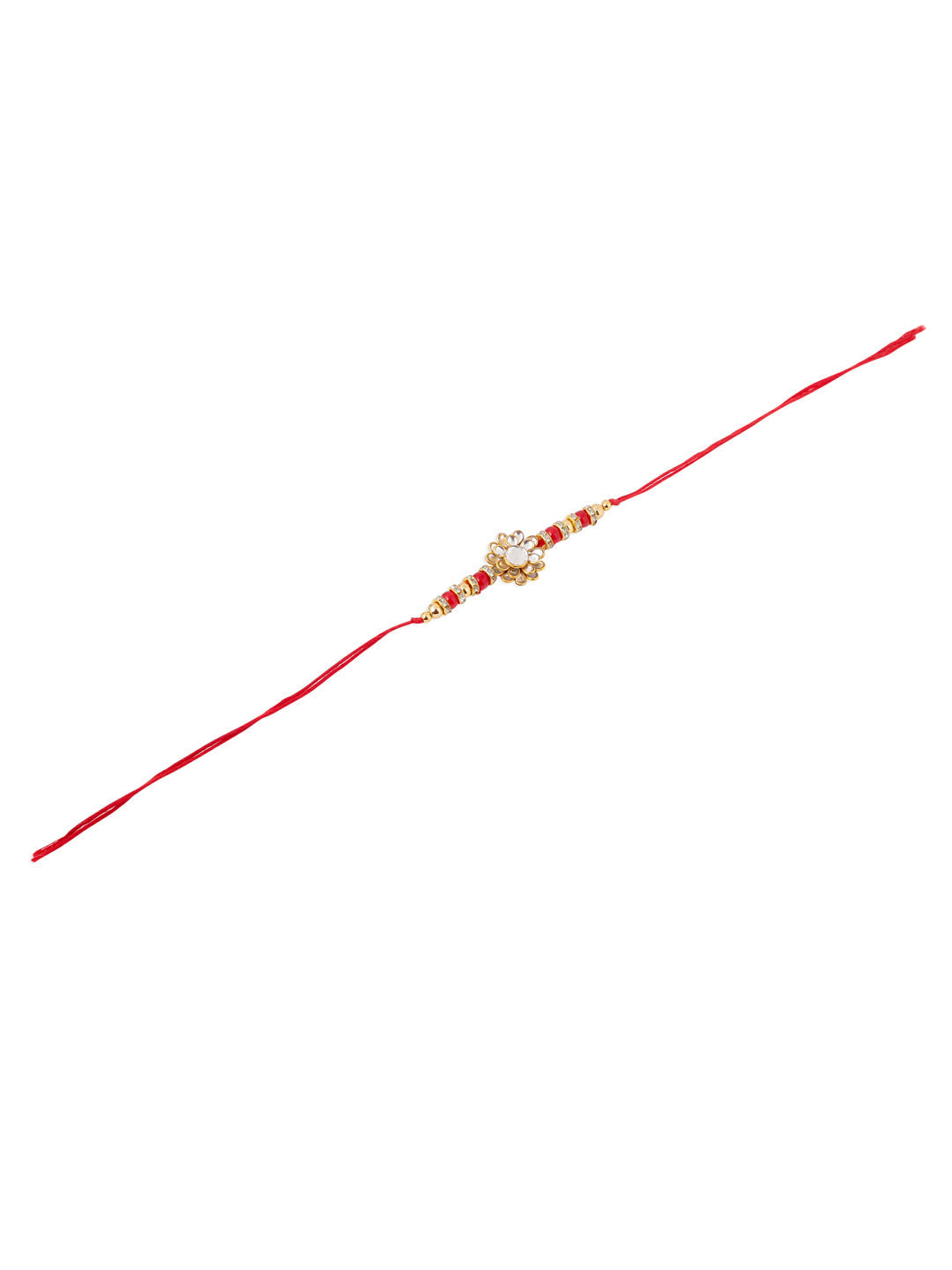 NVR Men Red Kundan Studded Floral Design Thread Rakhi with Roli Chawal Chandan & Mishri