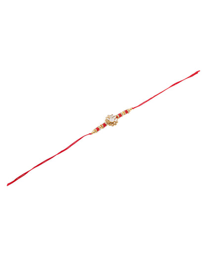 NVR Men Red Kundan Studded Floral Design Thread Rakhi with Roli Chawal Chandan & Mishri