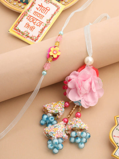 NVR Set of 2 Multicolor Artificial Beads Floral Design Bhaiya Bhabhi Rakhi with Roli Chawal Chandan & Mishri