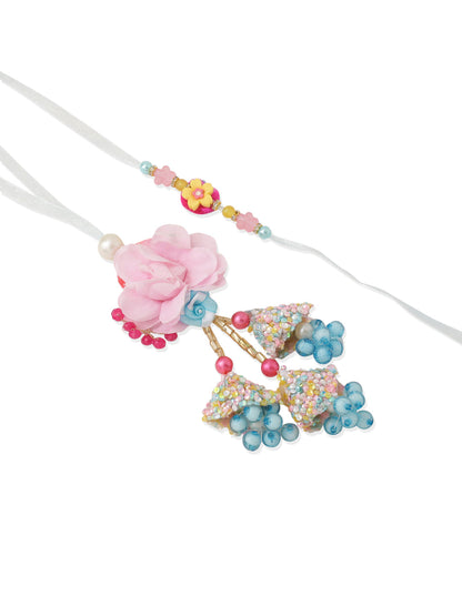 NVR Set of 2 Multicolor Artificial Beads Floral Design Bhaiya Bhabhi Rakhi with Roli Chawal Chandan & Mishri