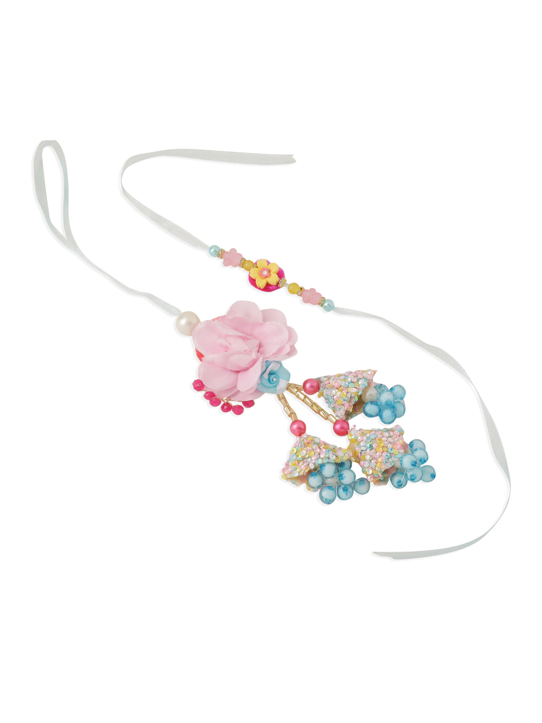 NVR Set of 2 Multicolor Artificial Beads Floral Design Bhaiya Bhabhi Rakhi with Roli Chawal Chandan & Mishri