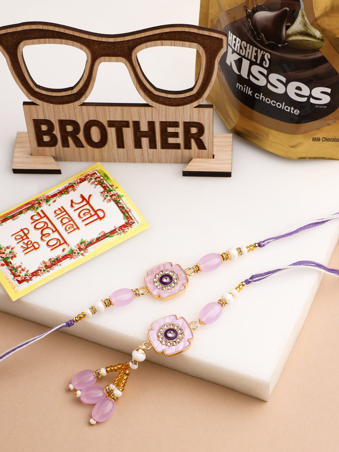 NVR Set of 2 Purple Artificial Stones & Beads Floral Design Thread Bhaiya Bhabhi Rakhi Combo