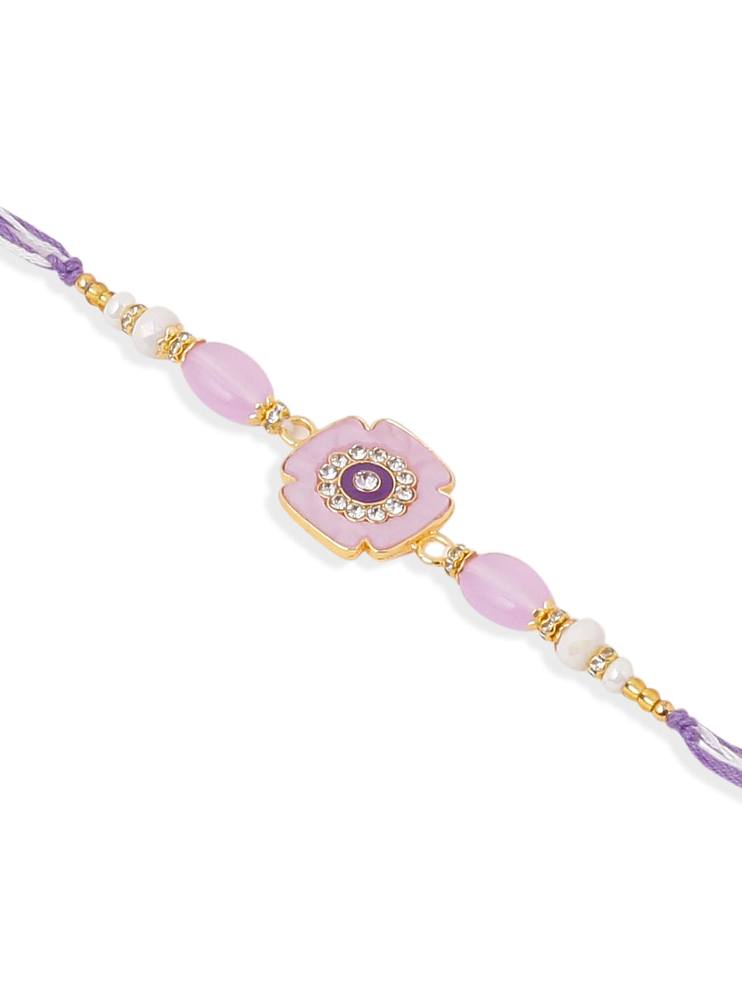 NVR Set of 2 Purple Artificial Stones & Beads Floral Design Thread Bhaiya Bhabhi Rakhi Combo